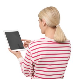 Photo of Woman using tablet with blank screen on white background, back view. Mockup for design