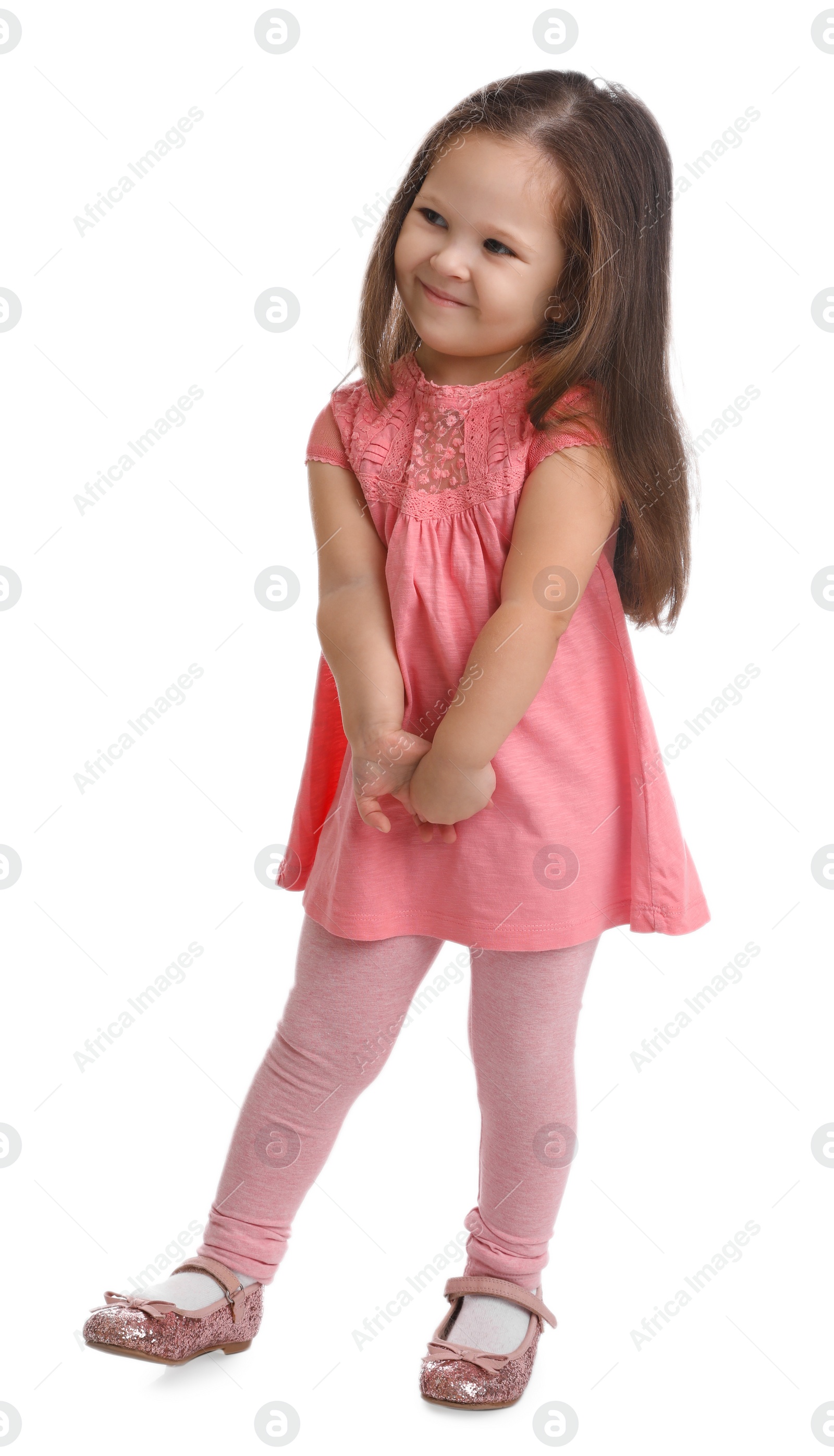 Photo of Full length portrait of cute little girl on white background