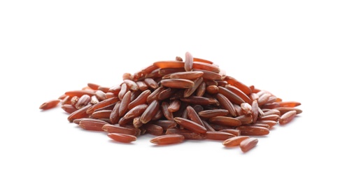 Photo of Pile of brown rice on white background