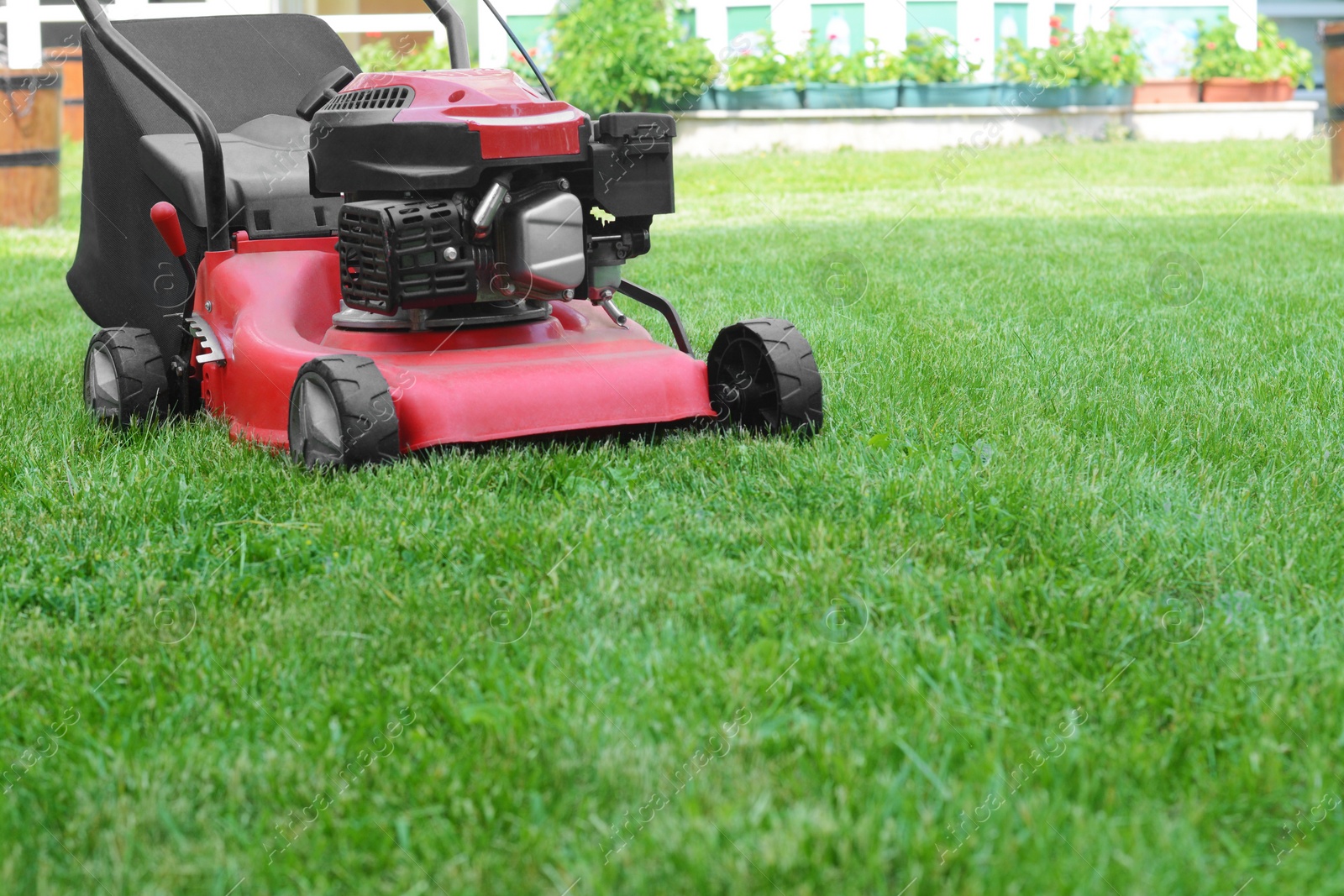 Photo of Modern garden lawn mower on green grass in park