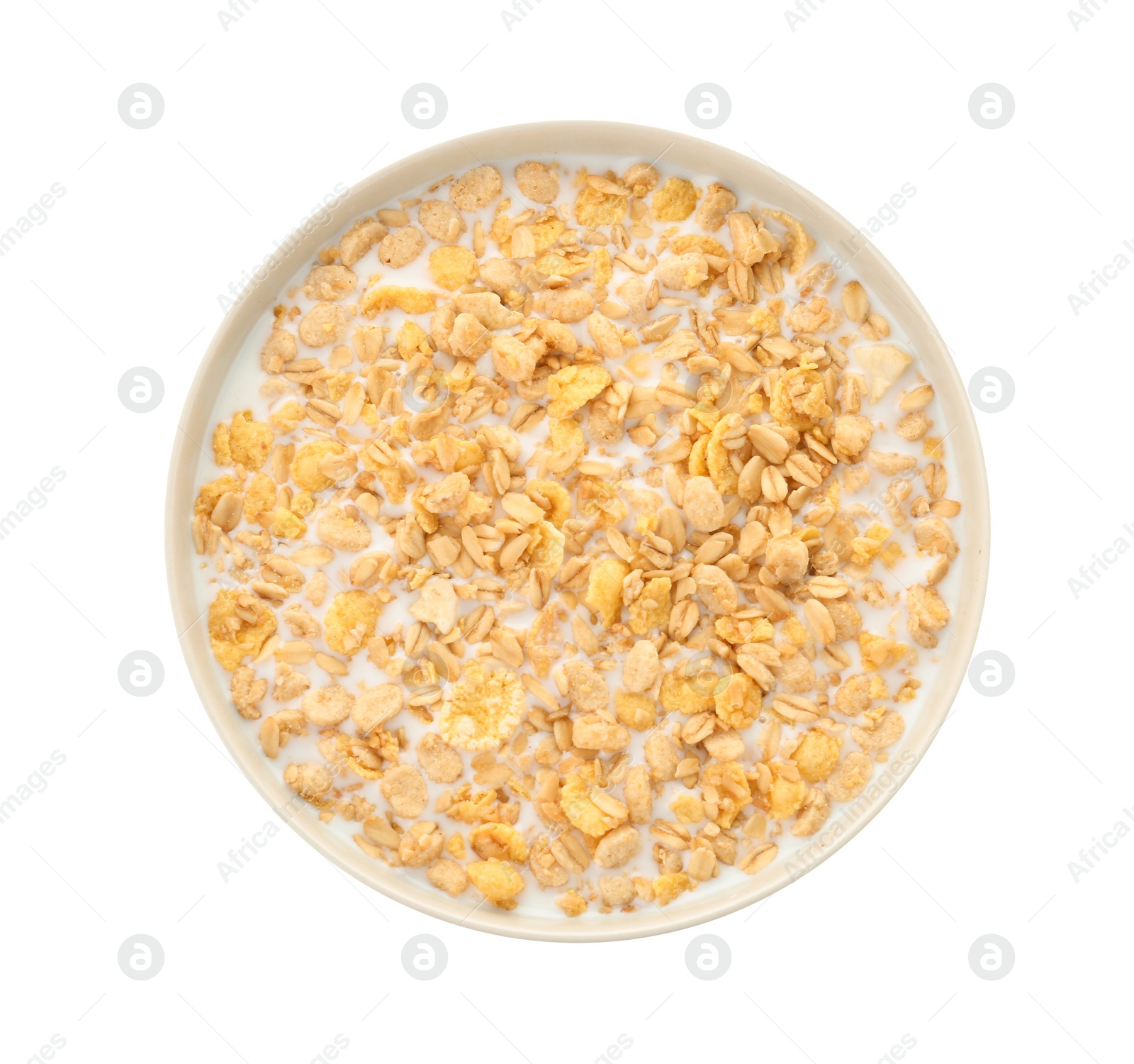 Photo of Bowl with muesli and milk on white background. Healthy grains and cereals