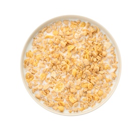 Photo of Bowl with muesli and milk on white background. Healthy grains and cereals