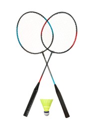 Two badminton rackets and shuttlecock on white background. Sports equipment