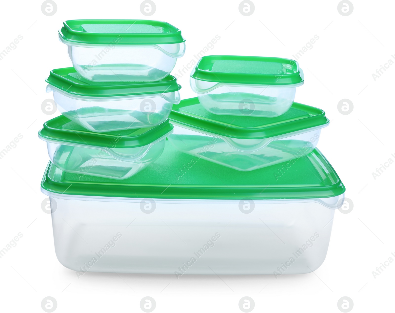 Photo of Set of empty plastic containers for food on white background