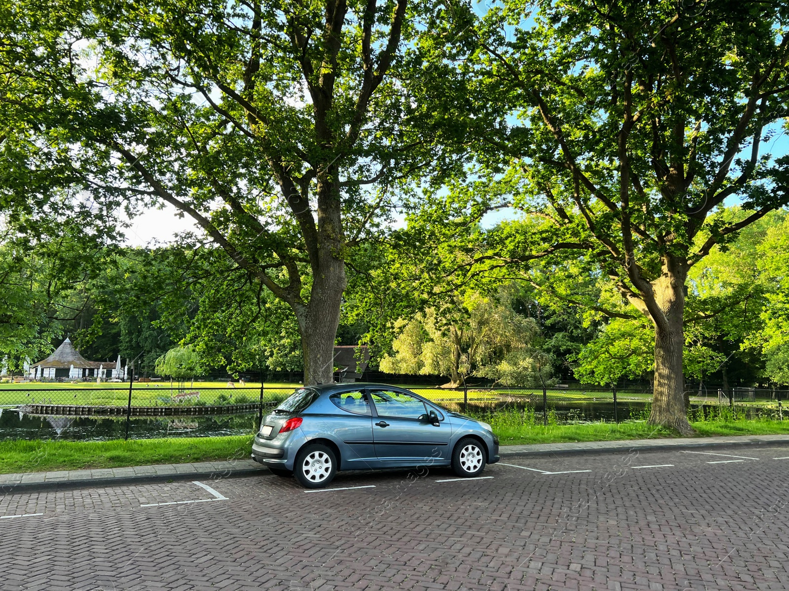 Photo of Modern car parked near lake on sunny day