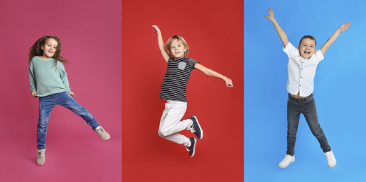 Collage of emotional children jumping on different color backgrounds