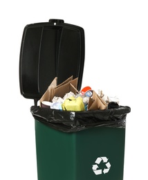 Trash bin with garbage on white background. Waste recycling