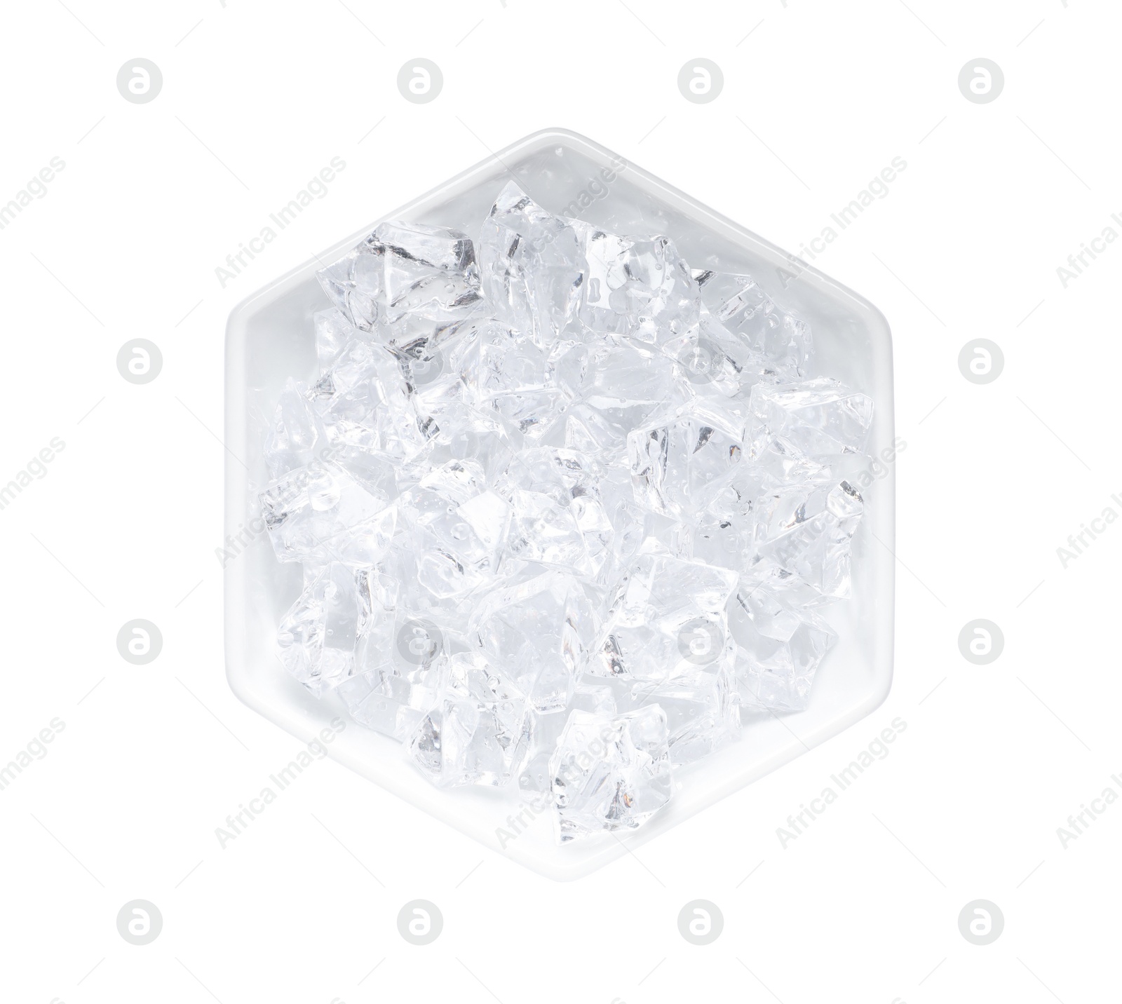 Photo of Crushed ice in bowl on white background, top view