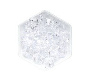 Crushed ice in bowl on white background, top view