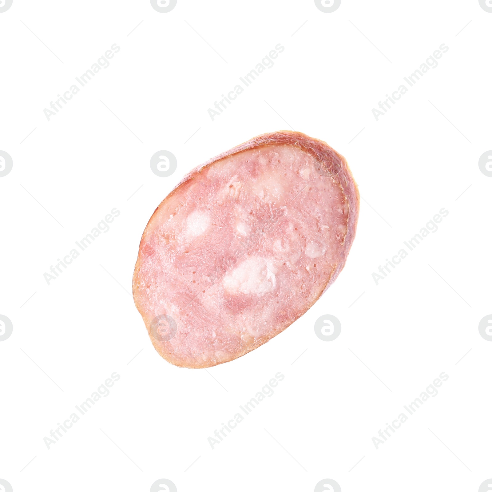 Photo of Slice of delicious smoked sausage isolated on white