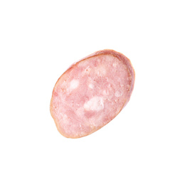 Photo of Slice of delicious smoked sausage isolated on white