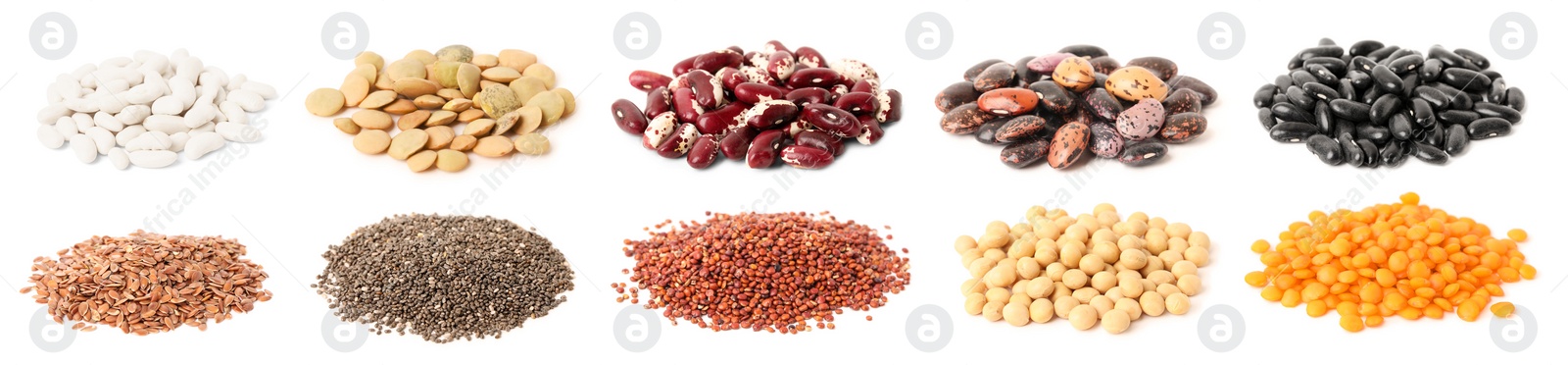 Image of Set with different legumes, grains and seeds on white background, banner design. Vegan diet