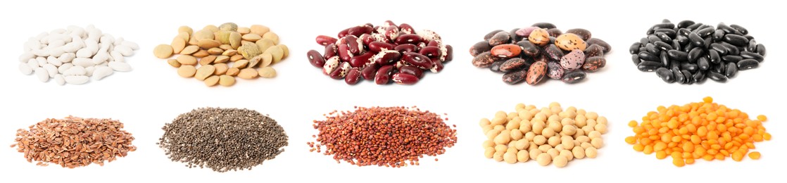 Image of Set with different legumes, grains and seeds on white background, banner design. Vegan diet