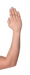 Photo of Man showing hand on white background, closeup