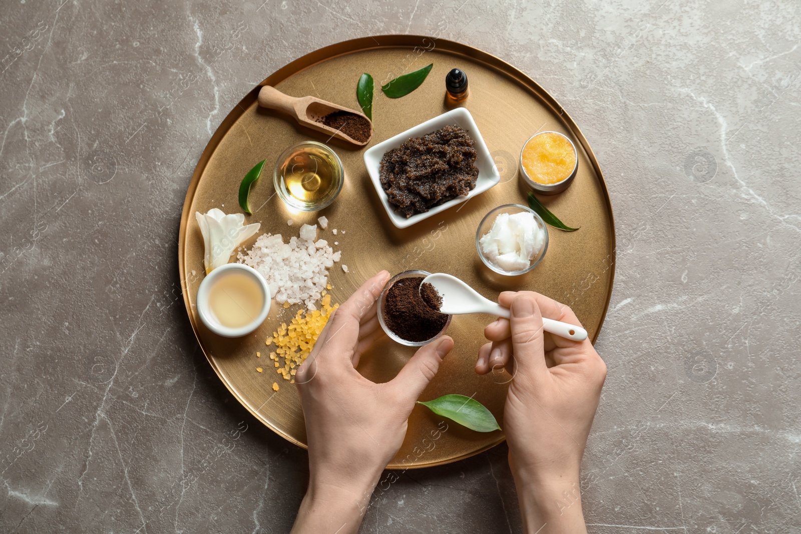 Photo of Woman preparing natural body scrub