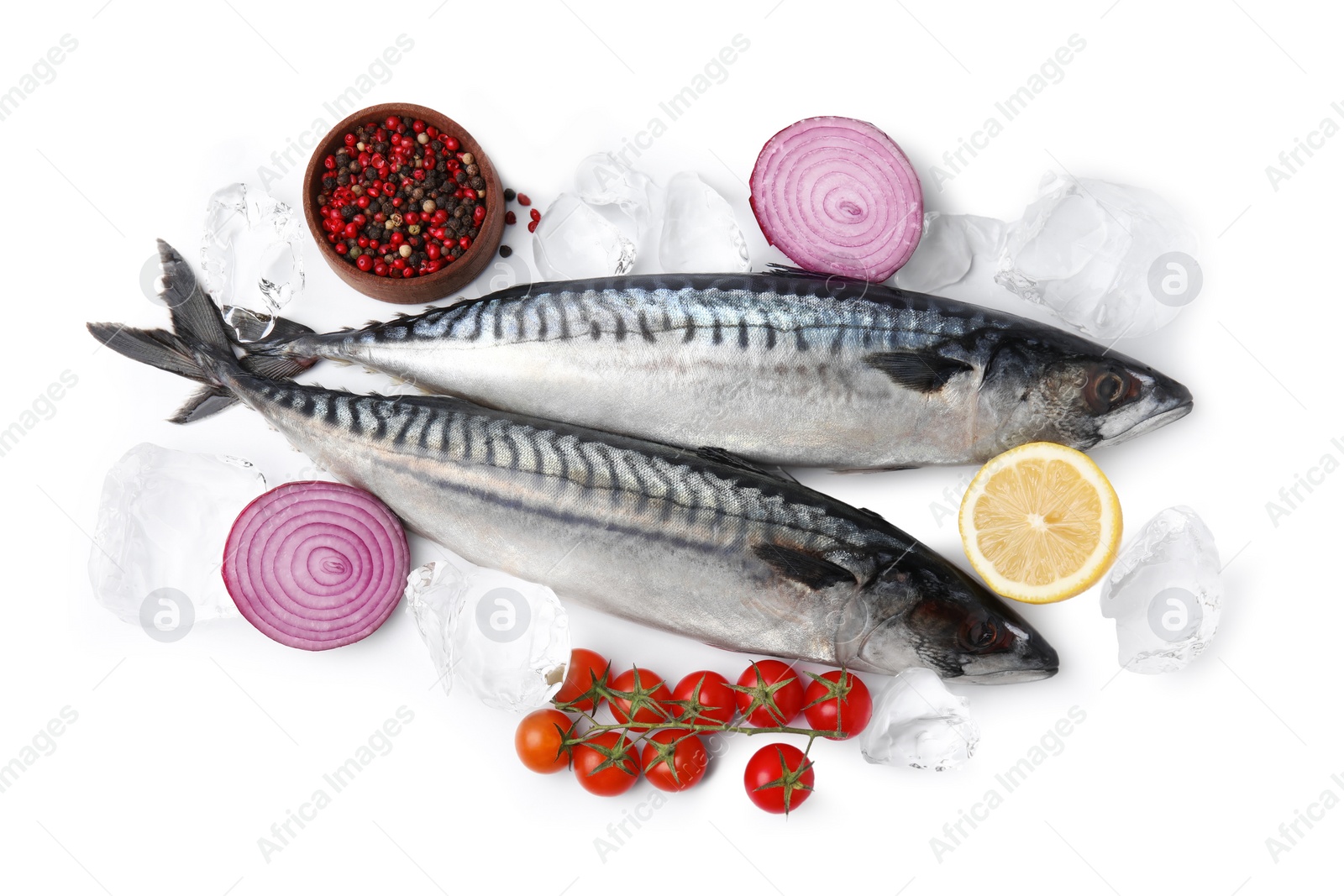 Photo of Raw mackerels, peppercorns, lemon, red onion and tomatoes isolated on white, top view