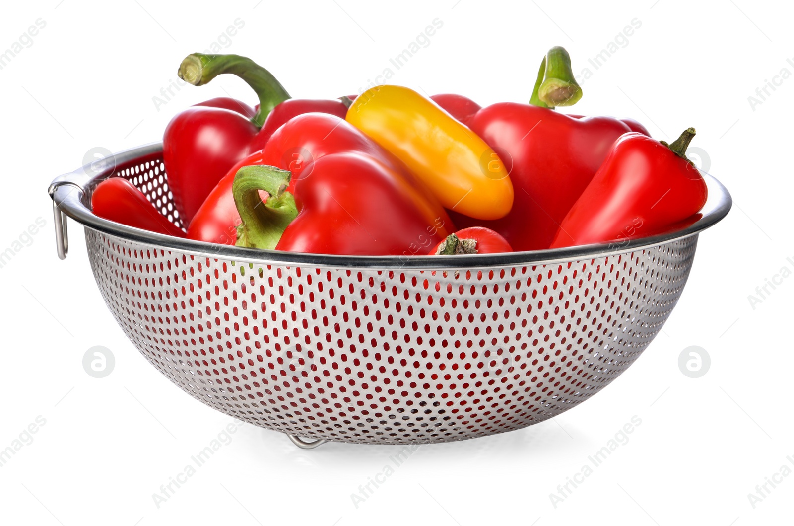 Photo of Colander with fresh bell peppers isolated on white