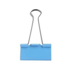 Photo of Light blue binder clip isolated on white. Stationery