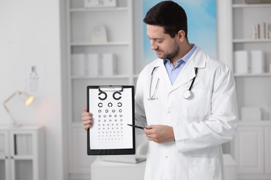 Ophthalmologist pointing at vision test chart in clinic, space for text