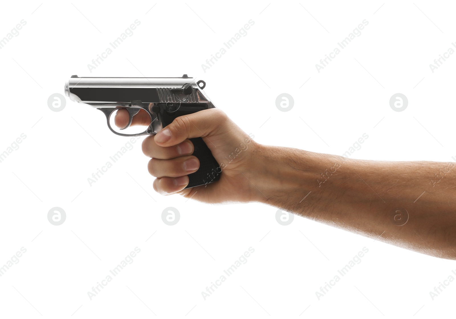 Photo of Professional killer with gun on white background, closeup