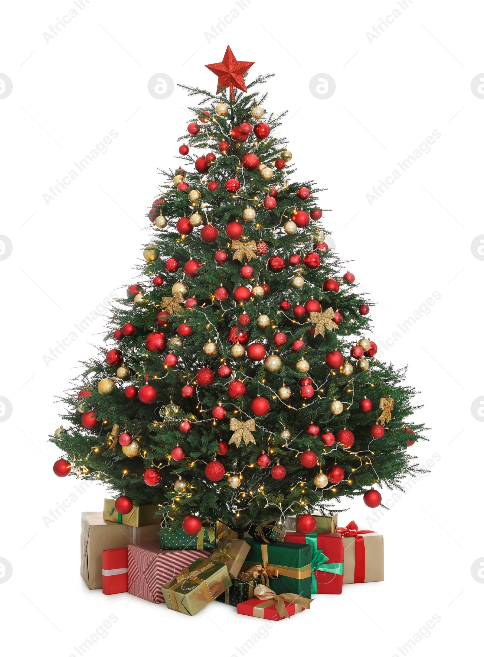 Photo of Christmas tree with beautiful decorations and gifts on white background