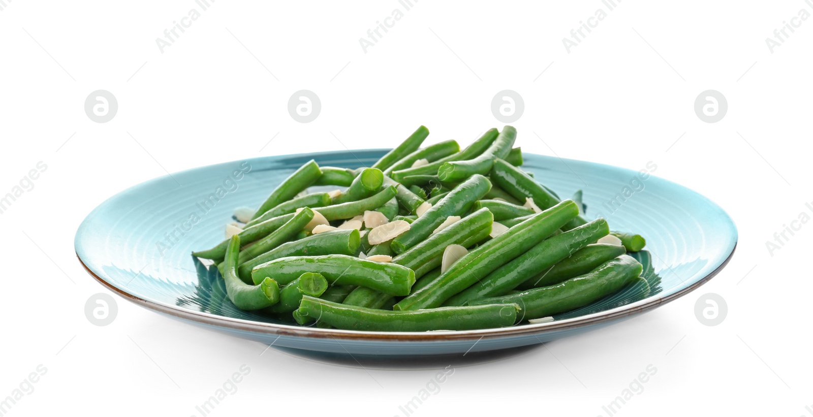 Photo of Plate with tasty green beans and almonds on white background