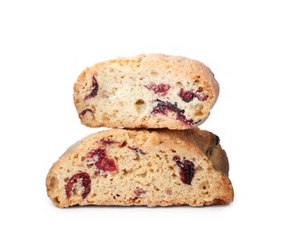 Photo of Slices of tasty cantucci with berry on white background. Traditional Italian almond biscuits