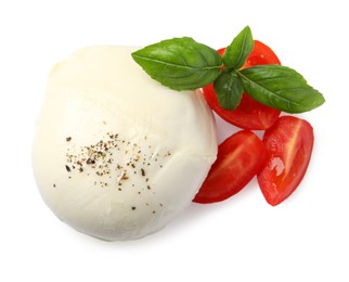 Photo of Delicious mozzarella with tomatoes and basil leaves on white background, top view