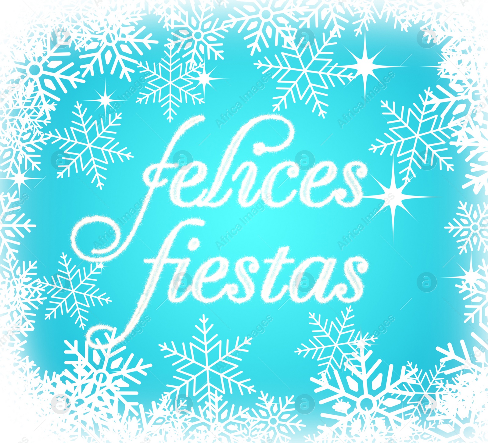 Illustration of Felices Fiestas. Festive greeting card with happy holiday's wishes in Spanish and snowflakes on light blue background