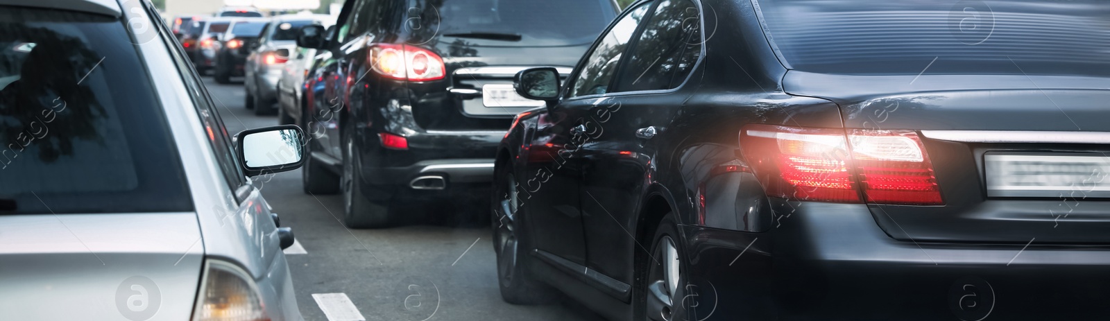 Image of Cars in traffic jam on city street. Banner design