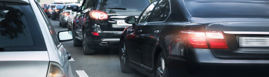 Image of Cars in traffic jam on city street. Banner design