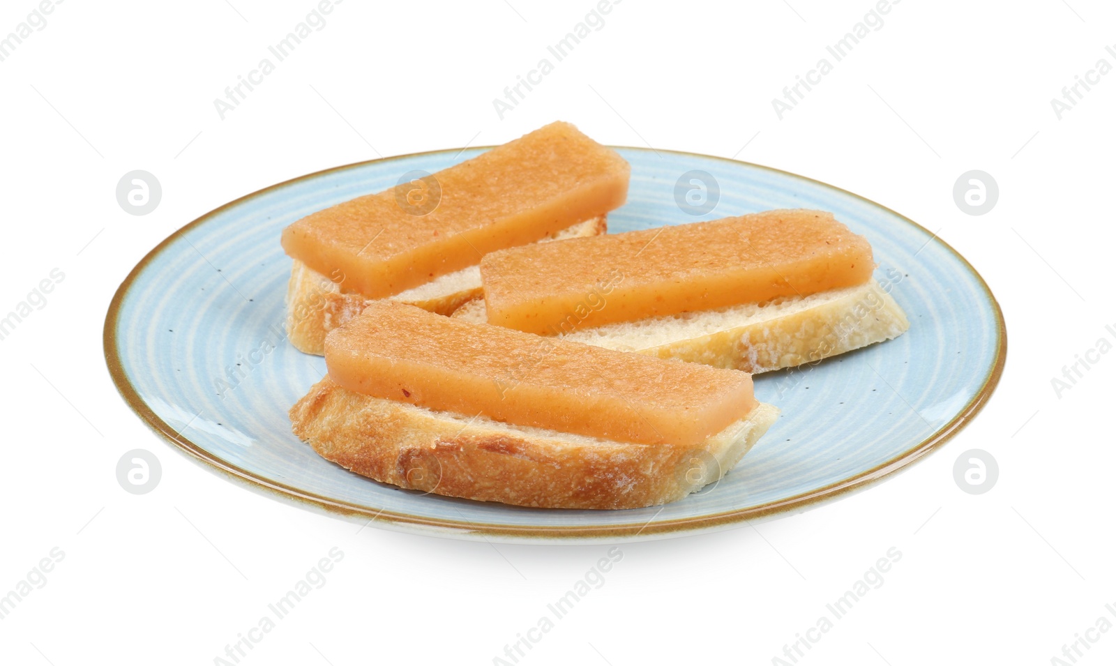Photo of Bread with delicious sweet quince paste isolated on white