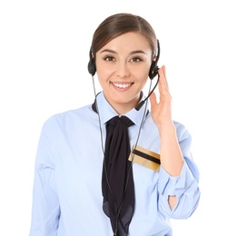 Female receptionist with headset on white background