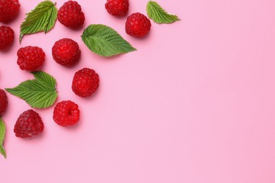 Tasty ripe raspberries and green leaves on pink background, flat lay. Space for text