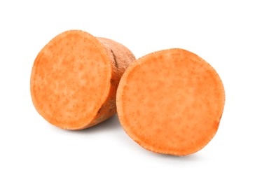 Photo of Halves of fresh sweet potato on white background