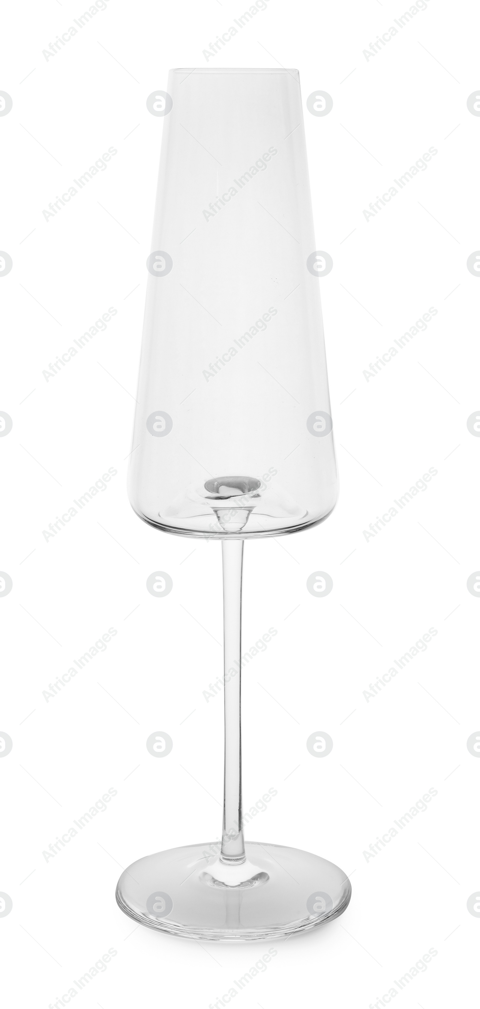 Photo of Empty clear champagne glass on white background