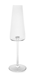 Empty clear champagne glass on white background