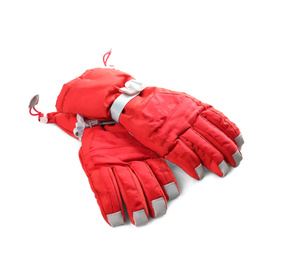 Photo of Pair of red ski gloves isolated on white. Winter sports clothes