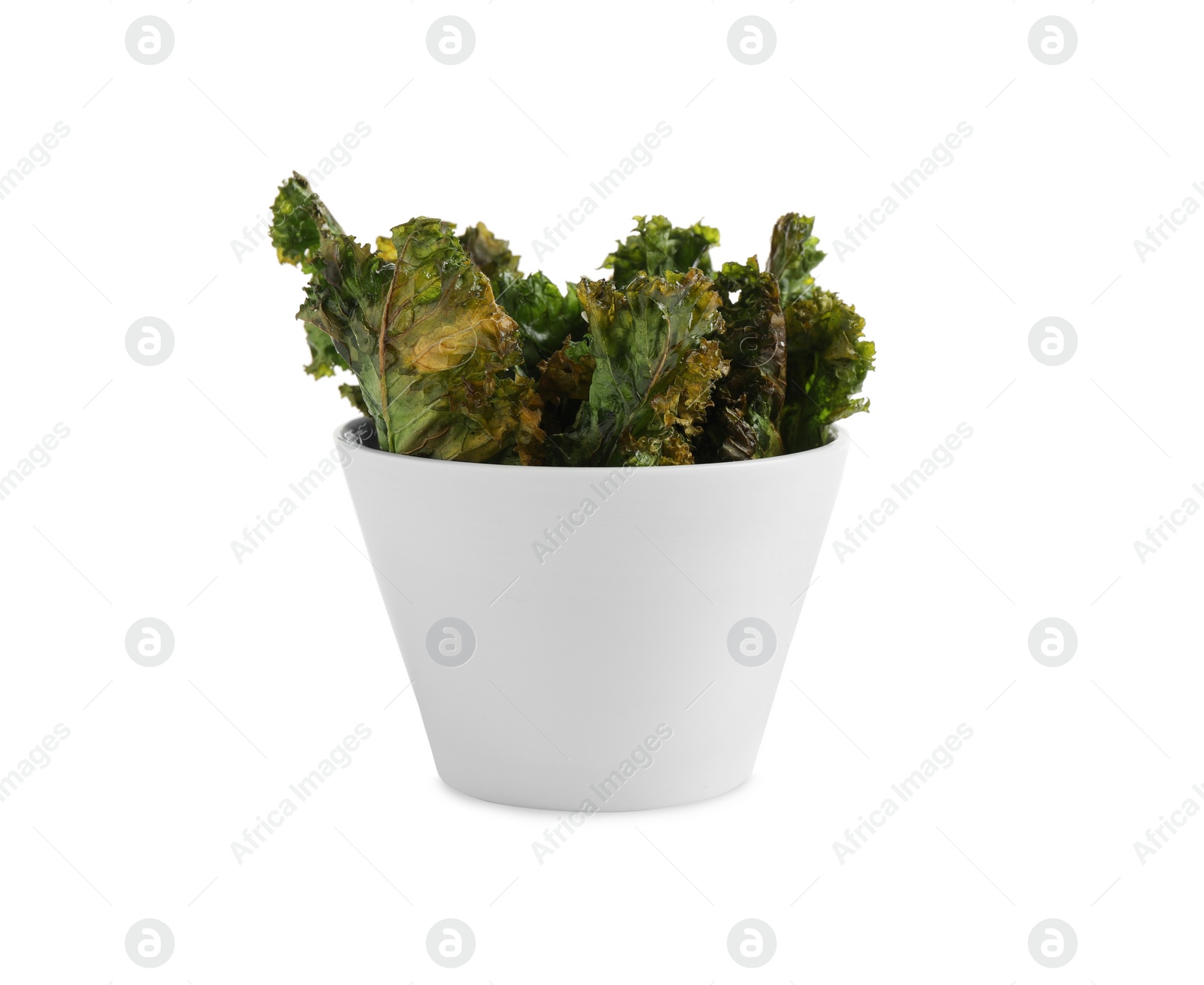 Photo of Tasty baked kale chips isolated on white