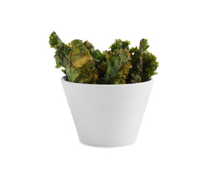 Tasty baked kale chips isolated on white