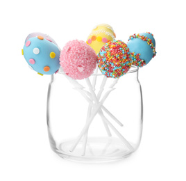 Photo of Delicious egg shaped cake pops on white background. Easter holiday