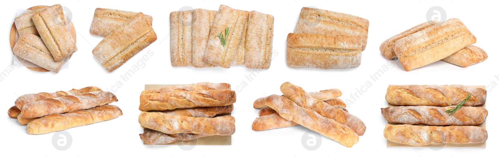 Image of Set with fresh delicious ciabattas and baguettes on white background. Banner design