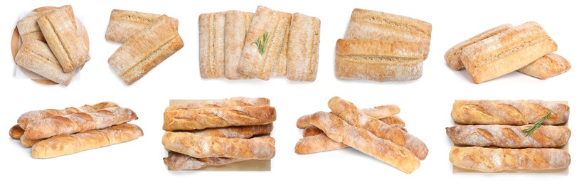 Image of Set with fresh delicious ciabattas and baguettes on white background. Banner design