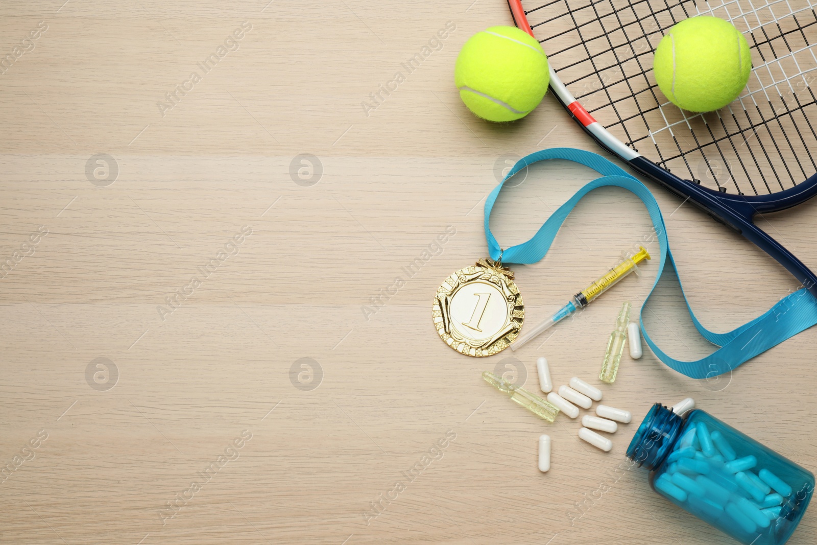 Photo of Flat lay composition with drugs on wooden table, space for text. Doping control