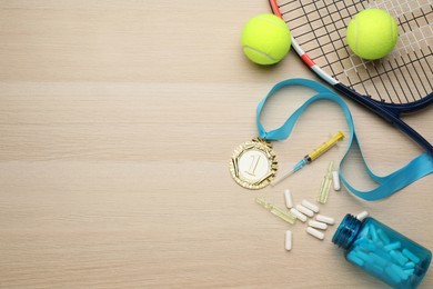 Photo of Flat lay composition with drugs on wooden table, space for text. Doping control