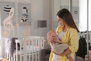 Mother singing lullaby to her baby in children room. Music notes illustrations flying near woman and child