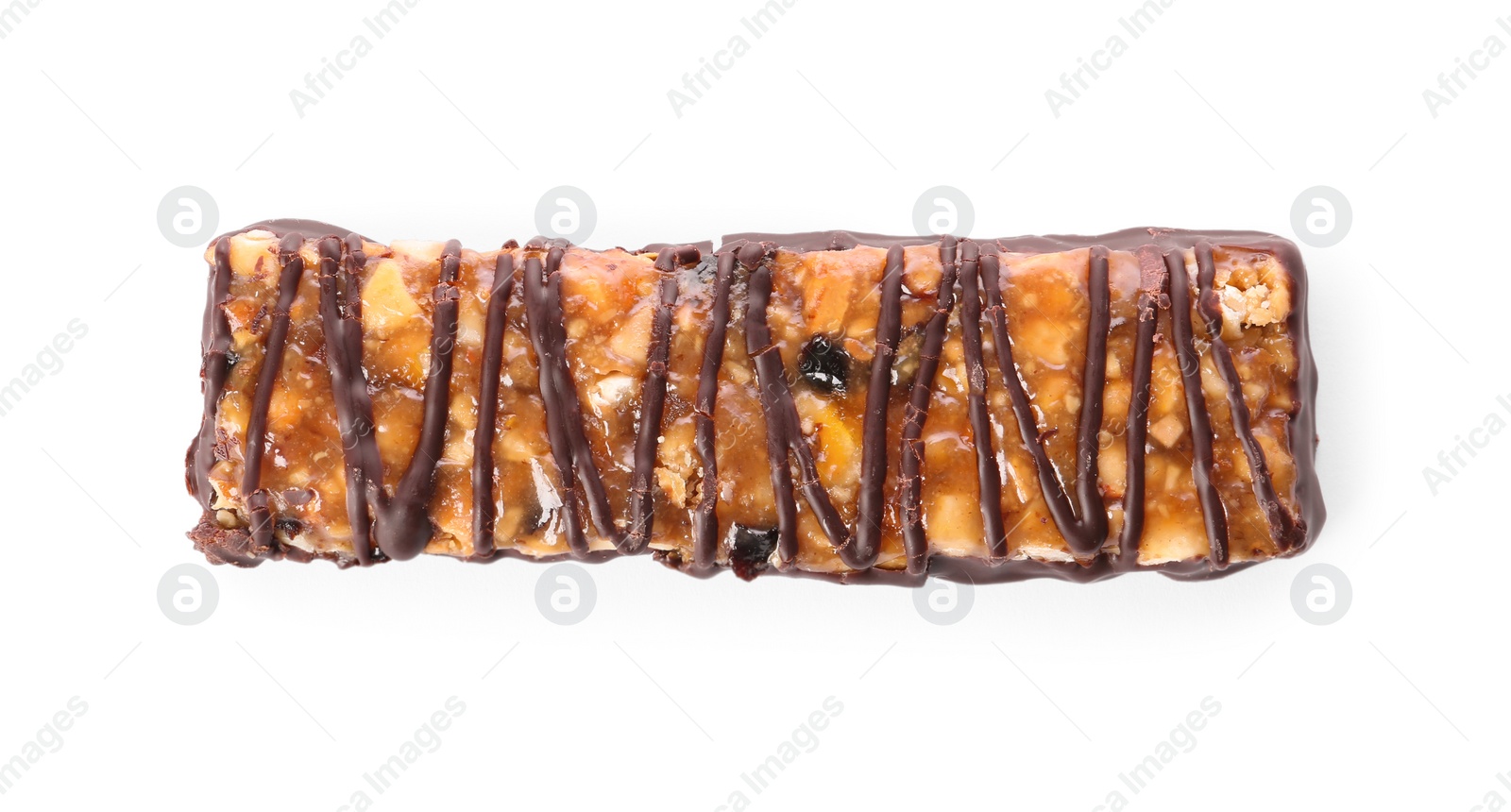 Image of Tasty granola bar with chocolate on white background, top view