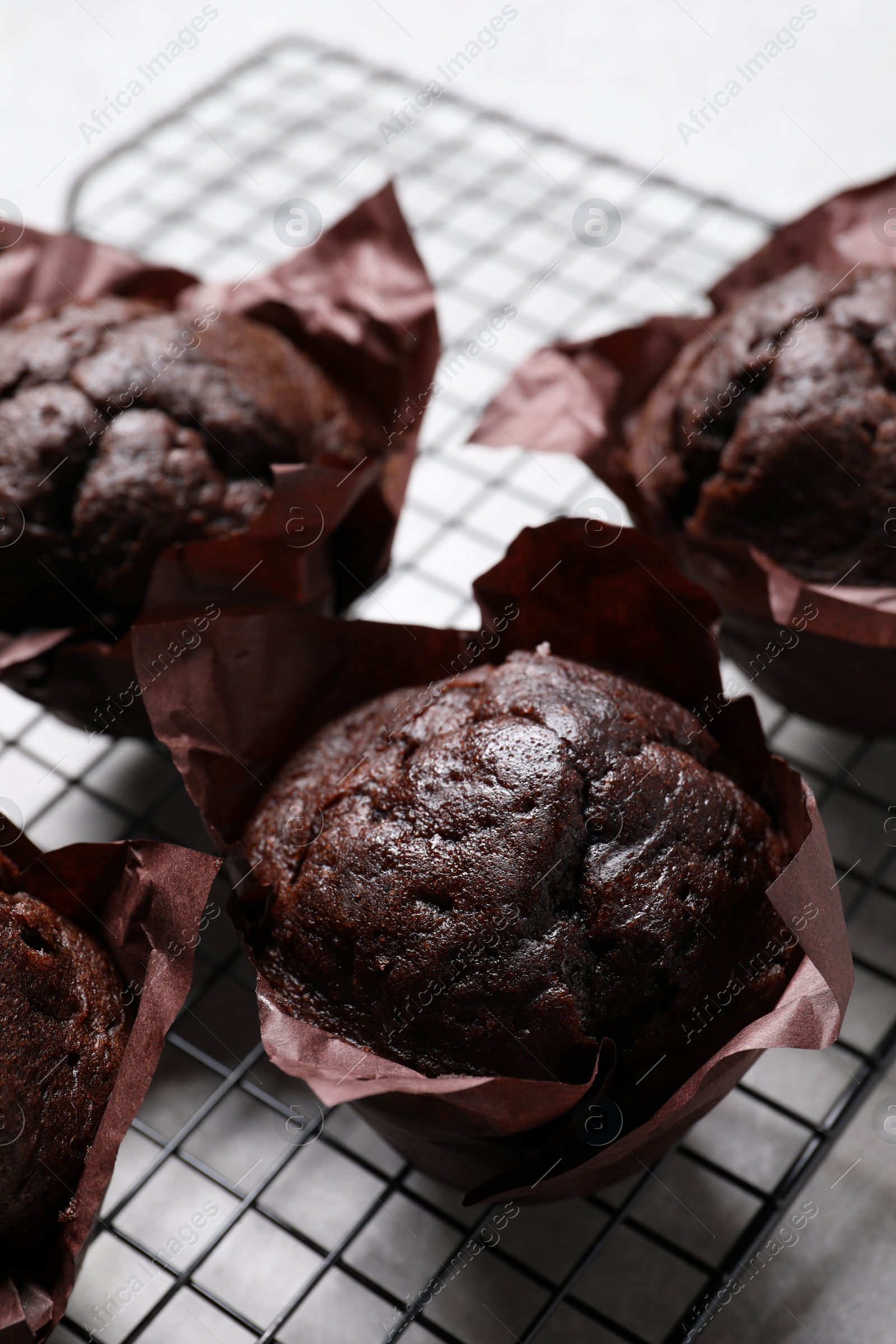 Photo of Tasty chocolate muffins on grey table, closeup