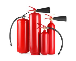 Many red fire extinguishers on white background