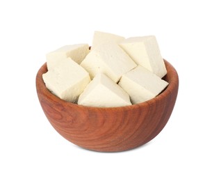 Photo of Wooden bowl with delicious tofu isolated on white